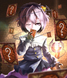Rule 34 | 1girl, ?, card, covering face, covering own mouth, covering privates, eyeball, female focus, floating card, ghostzxt, glowing, hairband, heart, holding, holding card, komeiji satori, one eye closed, purple eyes, purple hair, short hair, solo, third eye, touhou, upper body, wings, wink