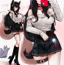 Rule 34 | 1girl, ahri (league of legends), animal ear fluff, animal ears, bag, bare shoulders, belt, black footwear, black hair, black nails, black skirt, boots, breasts, cellphone, commentary, ehrrr, english commentary, facial mark, fox ears, fox girl, fox tail, hair ornament, hairclip, hand on own hip, heart, heart hair ornament, high heel boots, high heels, highres, knee boots, long hair, long sleeves, looking at viewer, medium breasts, multiple views, nail polish, o-ring, o-ring belt, off-shoulder shirt, off shoulder, orange eyes, original, parted lips, phone, pleated skirt, shirt, simple background, skirt, sleeves past wrists, smartphone, tail, thigh strap, v, whisker markings, white background, white shirt