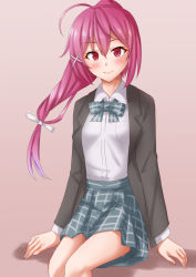 Rule 34 | 1girl, anti (untea9), black jacket, blush, closed mouth, collared shirt, grey skirt, hair between eyes, highres, i-168 (kancolle), jacket, kantai collection, long hair, long sleeves, open clothes, open jacket, pink hair, pleated skirt, ponytail, red eyes, shirt, skirt, smile, solo, white shirt