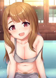 Rule 34 | 1girl, :d, bare arms, bare shoulders, binsen, blurry, blurry background, blush, bokeh, breasts, brown eyes, brown hair, cleavage, clothes pull, collarbone, commentary request, couch, cowboy shot, depth of field, female pubic hair, grey pants, grey sports bra, groin, idolmaster, idolmaster million live!, idolmaster million live! theater days, indoors, light particles, long hair, looking at viewer, medium breasts, miyao miya, navel, no panties, open mouth, pants, pants pull, pubic hair, sitting, smile, solo, sparkle, sports bra, stomach, strap slip, thick eyebrows