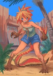 Rule 34 | 1girl, absurdres, bare shoulders, blue eyes, blue shorts, blue sky, brown scales, bush, claws, collarbone, commentary request, day, denim, denim shorts, feather hair, feathers, film grain, full body, grey shirt, grin, highres, leaning forward, legs apart, looking at viewer, orange feathers, orange hair, original, ototoi (eevees813), outdoors, palm tree, rock, scales, shirt, short shorts, shorts, signature, sky, slit pupils, smile, solo, standing, strapless, strapless shirt, tail, tree
