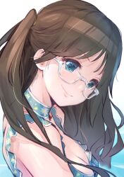 Rule 34 | 1girl, bikini, blue bikini, blue eyes, breasts, brown hair, floral print, from side, glasses, idolmaster, idolmaster shiny colors, long hair, looking at viewer, medium breasts, mitsumine yuika, one side up, simple background, smile, solo, swimsuit, tomamatto, upper body