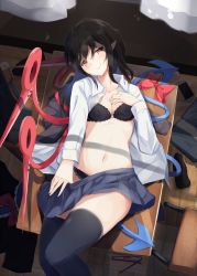 Rule 34 | 1girl, asymmetrical wings, black bra, black hair, black panties, black thighhighs, blue skirt, blue wings, blush, bow, bowtie, unworn bowtie, bra, breasts, cellphone, chair, cleavage, collarbone, commentary request, cowboy shot, from above, glasses, hand on own chest, head tilt, highres, houjuu nue, igayan, indoors, lace, lace-trimmed bra, lace-trimmed panties, lace trim, long hair, long sleeves, looking at viewer, lying, medium breasts, miniskirt, navel, on back, open clothes, open shirt, panties, phone, pleated skirt, pointy ears, red bow, red eyes, red wings, shirt, skirt, smartphone, smile, solo, stomach, table, thighhighs, thighs, touhou, underwear, white shirt, wings, wooden floor