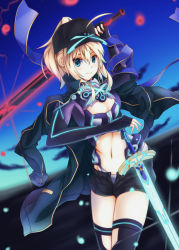 Rule 34 | 1girl, aqua eyes, artoria pendragon (all), artoria pendragon (fate), bad id, bad pixiv id, black shorts, black thighhighs, blonde hair, dual wielding, excalibur (fate/stay night), fate/grand order, fate (series), hat, highres, holding, holding sword, holding weapon, linon, long hair, looking at viewer, midriff, mysterious heroine x (fate), mysterious heroine x (third ascension) (fate), navel, open clothes, open shorts, panties, rojiura satsuki : chapter heroine sanctuary, saber (fate), shorts, smile, solo, sword, thighhighs, underwear, weapon