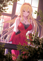 Rule 34 | 1girl, bare shoulders, blonde hair, breasts, cleavage, closed mouth, collarbone, dress, hairband, highres, idolmaster, idolmaster cinderella girls, jewelry, kurosaki chitose, large breasts, lips, long hair, looking at viewer, mizuki makoto, nail polish, necklace, red dress, red eyes, red hairband, red nails, smile, solo, standing, twitter username, very long hair