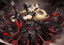 Rule 34 | 1girl, absurdres, blonde hair, braid, braided ponytail, butt crack, circlet, dress, from above, gauntlets, han-0v0, hand on own face, highres, horns, long hair, looking at viewer, original, red eyes, skirt, skull, solo, sword, thighhighs, weapon