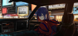 Rule 34 | 1girl, blue eyes, blue hair, blue jacket, blurry, blurry background, car interior, city, closed mouth, colored inner hair, diamond earrings, earrings, from behind, hair over one eye, half-closed eyes, highres, isshiki (ffmania7), jacket, jewelry, kamitsubaki studio, knee up, leaning forward, left-hand drive, light smile, long sleeves, looking at viewer, looking back, multicolored clothes, multicolored eyes, multicolored hair, multicolored jacket, red eyes, red hair, red jacket, rim (kamitsubaki studio), sidelighting, signature, sitting, solo, upper body, virtual youtuber, yellow pupils