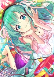 Rule 34 | 1girl, animal, aqua eyes, aqua hair, barefoot, box, breasts, cable, cat, christmas, cleavage, clothing cutout, commentary request, dutch angle, earphones, feet up, gift, gift box, hair ribbon, hands on headphones, hatsune miku, head rest, headphones, highres, jewelry, long hair, long sleeves, looking at viewer, lying, on stomach, pendant, pillow, purple skirt, rassie s, ribbon, sampler, shoulder cutout, skirt, smile, snowflake print, solo, sparkle, twintails, twitter username, very long hair, vocaloid, white ribbon, yellow ribbon