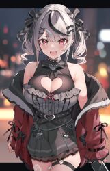 Rule 34 | 1girl, aria (ariacue), bandaid, bandaid hair ornament, bare shoulders, breasts, cleavage, grey hair, hair ornament, highres, hololive, large breasts, looking at viewer, multicolored hair, open mouth, sakamata chloe, short hair, smile, solo, streaked hair, twintails, virtual youtuber