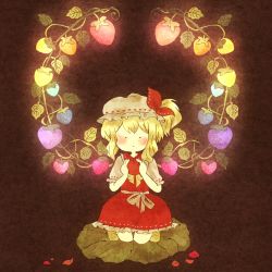 Rule 34 | 1girl, alternate wings, apple, ascot, bad id, bad pixiv id, blonde hair, blush, bow, dress, female focus, flandre scarlet, food, frilled dress, frilled sleeves, frills, fruit, glowing, hat, hat bow, holding, kneeling, leaf, plant, puffy sleeves, shannu0506, short sleeves, sitting, solo, strawberry, touhou, vines, wings
