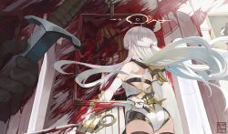 Rule 34 | 1girl, ass, back, bare shoulders, black gloves, blood, breasts, commentary request, elbow gloves, floating hair, from behind, gloves, halo, highres, holding, holding sword, holding weapon, leotard, long hair, natori youkai, original, painting (object), ponytail, small breasts, solo focus, sword, very long hair, weapon, weapon request, white gloves, white hair, white leotard