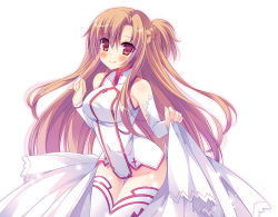 Rule 34 | 10s, 1girl, asuna (sao), bare shoulders, blush, detached sleeves, groin, holding, inugahora an, long hair, no panties, orange hair, red eyes, smile, solo, sword art online, thighhighs, white background, white thighhighs