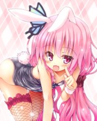 Rule 34 | 1girl, :d, animal ears, argyle, argyle background, argyle clothes, bare shoulders, black leotard, butterfly hair ornament, cowboy shot, fake animal ears, fishnet thighhighs, fishnets, flower knight girl, hair ornament, hair scrunchie, hanamomo (flower knight girl), leaning forward, leotard, light particles, long hair, looking at viewer, maou mikage, open mouth, pink background, pink eyes, pink hair, playboy bunny, rabbit ears, scrunchie, smile, solo, thighhighs