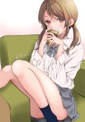 Rule 34 | 1girl, armchair, black socks, blush, bow, brown eyes, brown hair, chair, coffee cup, collared shirt, commentary request, covered mouth, cup, disposable cup, dress shirt, feet out of frame, grey bow, grey skirt, highres, holding, holding cup, knees together feet apart, looking at viewer, low twintails, on chair, original, pleated skirt, school uniform, sheepd, shirt, skirt, socks, solo, twintails, twitter username, white background, white shirt