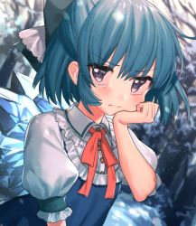 Rule 34 | 1girl, bare tree, blue bow, blue dress, blue eyes, blue hair, blurry, blurry background, blush, bow, cirno, dress, frilled shirt collar, frills, hair between eyes, hair bow, hand on own cheek, hand on own face, hand up, highres, ice, ice wings, light particles, looking at viewer, masanaga (tsukasa), neck ribbon, pinafore dress, red ribbon, ribbon, shirt, short hair, sleeveless dress, snow, solo, tears, touhou, tree, upper body, white shirt, wings
