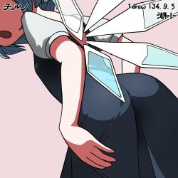 Rule 34 | 1girl, artist name, ass, bare back, blue dress, blue hair, character name, cirno, dress, flat chest, head out of frame, huxiao (mistlakefront), ice, ice wings, open mouth, puffy short sleeves, puffy sleeves, short sleeves, simple background, skirt hold, solo, touhou, wings