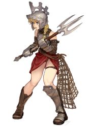 Rule 34 | 1girl, armor, bare shoulders, belt, belt buckle, boots, braid, brown footwear, buckle, gauntlets, gladiator, helmet, highres, holding, holding weapon, long hair, morry, nervous, net, original, parted lips, pink lips, polearm, rope, simple background, solo, standing, sweat, thigh strap, torn clothes, trident, weapon, white background