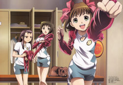 Rule 34 | 00s, 3girls, :d, :o, amami haruka, bag, bench, bike shorts, black hair, bow, breast hold, breasts, bridal gauntlets, brown hair, buttons, cleavage cutout, clenched hands, clothes hanger, clothing cutout, cropped jacket, diamond (shape), dressing, duffel bag, flat chest, forehead, foreshortening, from side, green eyes, gym uniform, hagiwara yukiho, hair bow, hairband, highres, holding, idolmaster, idolmaster xenoglossia, indoors, jacket, leg lift, locker, locker room, long hair, long sleeves, looking at viewer, looking away, megami magazine, minase iori, multiple girls, official art, open clothes, open jacket, open mouth, orange eyes, pink bow, punching, red bridal gauntlets, running, scan, school uniform, serafuku, shirt, shoes, short hair, short shorts, short sleeves, shorts, side slit, sidelocks, small breasts, smile, sneakers, standing, standing on one leg, surprised, sweatdrop, t-shirt, takeuchi hiroshi, thigh gap, unworn jacket, wavy mouth, yellow eyes