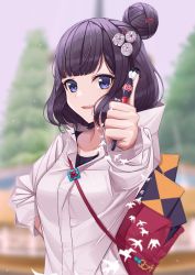 Rule 34 | 1girl, animal print, bag, bare shoulders, bird print, blue eyes, blunt bangs, blurry, blurry background, blush, breasts, casual, collarbone, commentary request, depth of field, fate/grand order, fate (series), flower, foreshortening, hair bun, hair ornament, hairclip, hand up, highres, holding, holding pen, jacket, katsushika hokusai (fate), long sleeves, looking at viewer, medium breasts, official alternate costume, open mouth, outdoors, pen, purple hair, rain, short hair, shoulder bag, single hair bun, smile, solo, sora (men0105), teeth, upper body, upper teeth only, white jacket