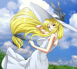 Rule 34 | 00s, 1girl, blonde hair, breasts, day, dress, fate testarossa, hat, large breasts, long hair, low-tied long hair, lyrical nanoha, mahou shoujo lyrical nanoha, mahou shoujo lyrical nanoha strikers, md5 mismatch, resolution mismatch, solo, source larger, sundress, very long hair, wind