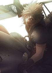 Rule 34 | 1boy, arm ribbon, armor, black gloves, blonde hair, cloud strife, earrings, fighting stance, final fantasy, final fantasy vii, final fantasy vii advent children, first ken, gloves, high collar, highres, holding, holding sword, holding weapon, jewelry, looking at viewer, male focus, moriiiiiiiiiinn, on motorcycle, open collar, pink ribbon, ribbon, short hair, shoulder armor, signature, single earring, solo, spiked hair, square enix, sword, weapon, white background, wolf