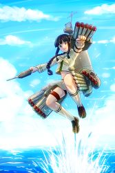 Rule 34 | 10s, 1girl, bad id, bad pixiv id, black hair, blue sky, blunt bangs, braid, brown eyes, cannon, cloud, day, gun, highres, hime cut, jumping, kantai collection, kitakami (kancolle), long hair, midriff, ocean, open mouth, personification, reco (fortunequest), school uniform, serafuku, sidelocks, skirt, sky, smile, socks, torpedo, turret, water, weapon