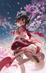 Rule 34 | 1girl, \n/, animal ears, asymmetrical legwear, blue archive, blush, brown eyes, brown hair, cherry blossoms, fang, foreshortening, fox ears, fox girl, fox mask, fox tail, gloves, hair ornament, halo, highres, izuna (blue archive), japanese clothes, kimono, leg up, loafers, looking at viewer, mask, miniskirt, modare, ninja, open mouth, outdoors, partially fingerless gloves, scarf, shoes, short hair, single fishnet legwear, single thighhigh, skirt, smile, solo, tail, thigh strap, thighhighs, underlighting