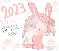 Rule 34 | 1girl, 2023, animal costume, animal ears, chibi, chinese zodiac, commentary request, ear piercing, earrings, eating, fake animal ears, floral background, flower, food, foodification, grey hair, hair over one eye, happy new year, holding, holding food, hood, hood up, ishikawa luna, jewelry, mochi, nengajou, new year, nikki kyousuke, objectification, ootori tatta, original, piercing, pointy ears, rabbit costume, rabbit ears, red flower, side ponytail, sitting, solid oval eyes, stud earrings, translation request, year of the rabbit
