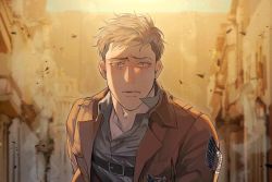 Rule 34 | 1boy, black hair, blush, brown hair, chengzhineixihuanxiaogou, closed mouth, crying, crying with eyes open, grey shirt, highres, jacket, jean kirstein, male focus, open clothes, open jacket, outdoors, parted lips, sad, shingeki no kyojin, shirt, short hair, solo, tears, upper body