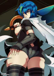 Rule 34 | 1girl, ass, black gloves, blue hair, breastless clothes, breasts, breasts out, butt crack, cape, elbow gloves, female focus, fingerless gloves, from behind, from below, gloves, green hair, high school dxd, holding, holding sword, holding weapon, huge ass, large breasts, leotard, multicolored hair, nipples, orphen (pink seito), shiny clothes, shiny skin, short hair, sideboob, skindentation, solo, streaked hair, sword, thick thighs, thighhighs, thighs, two-tone hair, weapon, xenovia quarta, yellow eyes