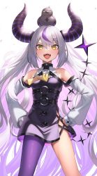 Rule 34 | 1girl, bare shoulders, braid, breasts, commentary request, demon girl, demon horns, detached sleeves, hair between eyes, highres, hololive, horns, la+ darknesss, long hair, looking at viewer, o-ring, open mouth, pointy ears, silver hair, simple background, small breasts, solo, suraimu (suraimuraimu), teeth, tongue, very long hair, virtual youtuber, white background, yellow eyes