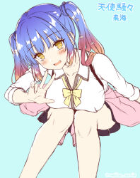 Rule 34 | 1girl, any (trueblue), blue background, blue hair, blunt bangs, blush, bow, breasts, brown skirt, clothes around waist, collarbone, commentary request, eyelashes, gradient hair, half updo, head tilt, kohibari kurumi, large breasts, leaning forward, legs, long sleeves, looking at viewer, multicolored hair, open mouth, orange hair, pink sweater, school uniform, shirt, simple background, sitting, sketch, skirt, smile, solo, suspender skirt, suspenders, sweater, tenshi souzou re-boot!, translated, twintails, upturned eyes, w, white shirt, yellow bow, yellow eyes