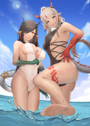 Rule 34 | 2girls, :d, :o, alternate costume, arknights, armpits, ass, bare legs, bare shoulders, barefoot, black hair, black one-piece swimsuit, blue eyes, blue sky, breasts, casual one-piece swimsuit, choker, cleavage, cloud, colored skin, covered navel, dated, day, dragon girl, dragon horns, dragon tail, dusk (arknights), earrings, feet, gradient skin, green hair, green skin, hair over one eye, highres, horizon, horns, jewelry, large breasts, leg tattoo, leg up, lens flare, long hair, multicolored hair, multiple girls, nian (arknights), o-ring, ocean, one-piece swimsuit, open mouth, outdoors, parted lips, pointy ears, ponytail, red eyes, red hair, red skin, siblings, sidelocks, signature, sisters, sky, smile, soles, somnuss, standing, standing on one leg, streaked hair, swimsuit, tail, tail ornament, tail ring, tattoo, toes, two-tone hair, very long hair, water, white choker, white one-piece swimsuit