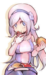 Rule 34 | 10s, 1girl, aila jyrkiainen, blue eyes, bread, burger, cupcake, detached sleeves, dress, eating, elbow gloves, eyes visible through hair, food, food on face, gloves, gundam, gundam build fighters, hat, impossible clothes, inuinui, long hair, melon bread, miniskirt, pantyhose, pocky, silver hair, sitting, skirt, solo, tight clothes, tight dress, turtleneck