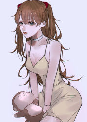 Rule 34 | 1girl, bad id, bad pixiv id, bare legs, blue eyes, blush, breasts, brown hair, choker, cleavage, collarbone, commentary, dress, grey background, hair behind ear, hair ornament, highres, lips, long hair, looking at viewer, mano aaa, medium breasts, neon genesis evangelion, parted lips, shiny skin, simple background, sitting, solo, souryuu asuka langley, stuffed animal, stuffed monkey, stuffed toy, twintails, two side up, white choker, yellow dress