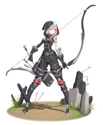 Rule 34 | 1girl, absurdres, arrow (projectile), asymmetrical bangs, belt, black gloves, boots, bow (weapon), full body, gloves, gradient hair, grass, highres, holding, holding bow (weapon), holding weapon, hood, hood up, multicolored hair, original, quiver, red eyes, red hair, redlagon, shadow, shoulder tattoo, solo, standing, tattoo, thigh boots, two-tone hair, weapon, white background, white hair