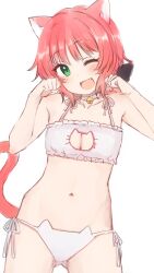 Rule 34 | 1girl, ;d, animal ear fluff, animal ears, bare arms, bare shoulders, bell, blush, bra, breasts, cat cutout, cat ear panties, cat ears, cat girl, cat lingerie, cat tail, choker, cleavage cutout, clothing cutout, commentary, fang, frilled bra, frills, green eyes, hands up, head tilt, highres, jingle bell, looking at viewer, medium breasts, meme attire, nagami yuu, navel, neck bell, one eye closed, open mouth, original, panties, red hair, side-tie panties, simple background, smile, solo, symbol-only commentary, tail, underwear, underwear only, white background, white bra, white choker, white panties