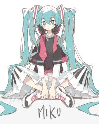 Rule 34 | 1girl, aqua eyes, aqua hair, artist name, baggy clothes, belt, belt buckle, black shirt, blush, buckle, character name, commentary, dot nose, english commentary, english text, hair between eyes, hands on feet, hatsune miku, headphones, headphones around neck, highres, indian style, limited palette, long bangs, long hair, looking at viewer, melanbread, necktie, unworn necktie, piano print, shirt, shoes, short sleeves, signature, simple background, sitting, smile, sneakers, solo, straight-on, tie clip, twintails, very long hair, vocaloid, white background, white footwear