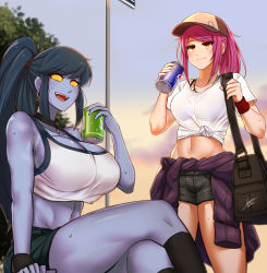 Rule 34 | 2girls, :d, :|, absurdres, airisubaka, artist name, bag, bare shoulders, black choker, black hair, black shorts, black socks, blue skin, borrowed character, breasts, can, choker, closed mouth, clothes around waist, colored sclera, colored skin, commentary, crop top, crop top overhang, crossed legs, earrings, english commentary, groin, hat, highres, jacket, jacket around waist, jewelry, kneehighs, large breasts, leah (airisubaka), long hair, medium breasts, midriff, multiple girls, navel, no pupils, open mouth, orange eyes, original, ponytail, purple hair, shirt, short shorts, short sleeves, shorts, signature, sitting, smile, socks, sweat, tied shirt, white shirt, wristband, yellow sclera