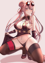 Rule 34 | 1girl, :q, absurdres, azur lane, bare shoulders, black dress, black footwear, black nails, black panties, black thighhighs, blush, bra, bra peek, braid, braided bun, breasts, bremerton (azur lane), bremerton (kung fu cruiser) (azur lane), bridal gauntlets, brown bra, china dress, chinese clothes, cleavage, closed mouth, commentary, double bun, dress, elina (eri15), eyewear on head, flashing, flats, full body, furrowed brow, grey background, grey hair, groin, hair between eyes, hair bun, hair intakes, hair ornament, hair ribbon, highres, large breasts, long hair, looking at viewer, mole, mole on breast, mole under eye, multicolored hair, nail polish, navel, navel piercing, official alternate costume, on one knee, panties, pelvic curtain, piercing, pink eyes, pink hair, ribbon, round eyewear, shadow, sidelocks, signature, simple background, skindentation, sleeveless, sleeveless dress, smile, solo, stomach, strapless, strapless bra, streaked hair, sunglasses, thighhighs, tinted eyewear, tongue, tongue out, two-tone hair, underwear