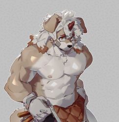 Rule 34 | 1boy, abs, arknights, bandaid, bandaid on cheek, bandaid on face, bara, biceps, brown gloves, chinese commentary, colored tips, commentary, furry, furry male, gloves, grey background, highres, horns, hung (arknights), komainu boy, komainu ears, looking at viewer, lqqq, male focus, multicolored hair, orange eyes, pectorals, single horn, topless