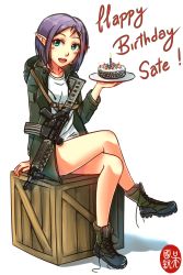 Rule 34 | 1girl, ankle boots, assault rifle, bare legs, birthday cake, black hair, boots, cake, combat boots, crate, cross-laced footwear, elf, english text, food, green eyes, green jacket, gun, happy birthday, highres, jacket, lace-up boots, crossed legs, looking at viewer, ndtwofives, open clothes, open jacket, open mouth, original, pointy ears, rifle, round teeth, shadow, shirt, short hair, sitting, sitting on object, smile, solo, teeth, untied footwear, weapon, white background, white shirt