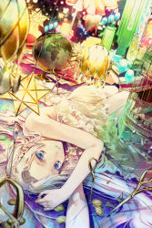 Rule 34 | 1girl, birdcage, blonde hair, blue eyes, book, cage, chandelier, coin, globe, highres, long hair, looking at viewer, lying, md5 mismatch, nozaki tsubata, on back, original, resolution mismatch, solo, source larger, very long hair