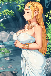 Rule 34 | 1girl, alternate breast size, ass, blonde hair, blush, braid, breasts, closed eyes, dress, hair ornament, hairclip, huge ass, jewelry, large breasts, long hair, nikichen, nintendo, official alternate costume, own hands clasped, own hands together, parted bangs, pointy ears, praying, princess zelda, rock, sidelocks, solo, the legend of zelda, the legend of zelda: breath of the wild, triforce, water
