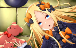 Rule 34 | 1girl, :o, abigail williams (fate), black bow, black dress, black hat, blonde hair, blue eyes, blush, bow, commentary request, dress, fate/grand order, fate (series), hair bow, hat, highres, kana616, long hair, long sleeves, looking at viewer, lying, on back, orange bow, parted bangs, parted lips, polka dot, polka dot bow, red bow, sleeves past wrists, solo, stuffed animal, stuffed toy, teddy bear, teeth, unworn hat, unworn headwear, upper teeth only