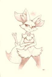 Rule 34 | 1girl, animal ears, animal hands, artist name, beige background, blush, braixen, breasts, closed mouth, collar, creatures (company), cropped legs, female focus, fox ears, fox tail, fullfolka, furry, furry female, game freak, gen 6 pokemon, half-closed eyes, happy, heart, highres, jpeg artifacts, legs apart, looking at viewer, medium breasts, monochrome, navel, nintendo, no nipples, poke ball theme, pokemon, pokemon (creature), signature, simple background, smile, solo, standing, stick, tail, traditional media