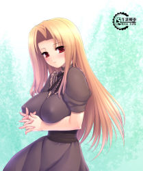 Rule 34 | 1girl, blonde hair, breast lift, breasts, fleta, gunner-l, huge breasts, impossible clothes, impossible shirt, long hair, mabinogi, aged up, red eyes, shirt, solo