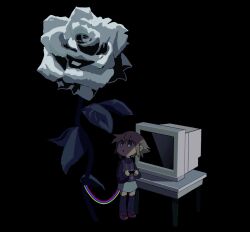 Rule 34 | 1girl, black background, black sweater, black thighhighs, brown hair, chestnut mouth, chibi, commentary request, computer, crt, desk, flower, gameplay mechanics, grey skirt, highres, holding, hrdrifter, long sleeves, looking at flowers, looking back, looking up, mary janes, open mouth, plaid, plaid vest, purple eyes, purple vest, red footwear, rose, shadow, shoes, short hair, simple background, skirt, solo, standing, sweater, thighhighs, urotsuki, vest, white flower, white rose, wire, yume 2kki, zettai ryouiki
