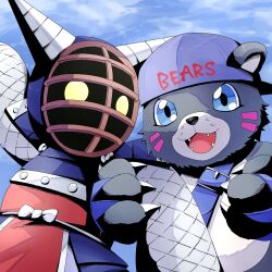 Rule 34 | bear, bearmon, belt, digimon, digimon (creature), hat, highres, kotemon, looking at another, mask, yellow eyes