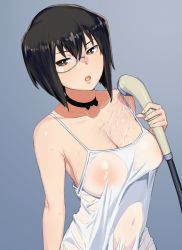 Rule 34 | 1girl, absurdres, alternate costume, black hair, breasts, choker, cleavage, covered navel, cowboy shot, dutch angle, covered erect nipples, girls und panzer, grey background, highres, kawashima momo, large breasts, looking at viewer, monocle, no bra, onsen tamago (hs egg), open mouth, see-through, shirt, short hair, simple background, solo, wet, wet clothes, wet shirt, wet shirt